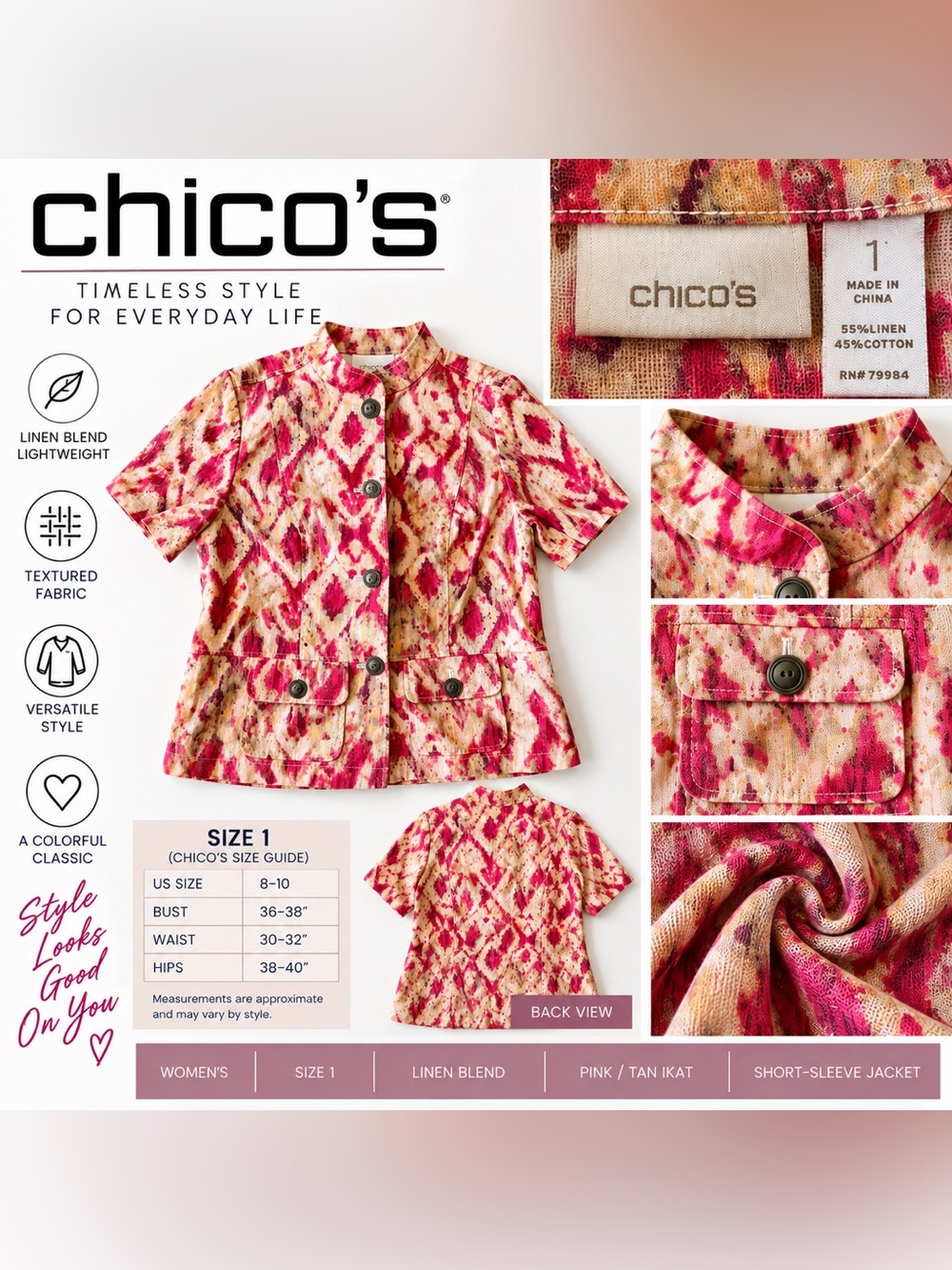 Chico's Pink and Tan Ikat Short-Sleeve Button Front Jacket